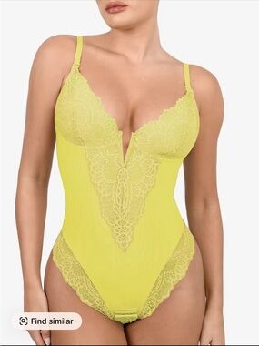 POPILUSH XL Deep-V Neck Built-in Shaper Lace Bodysuit  Elegant Adjustable
